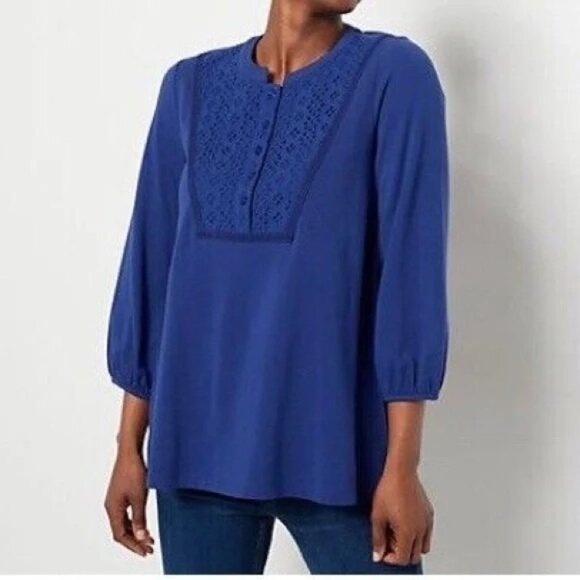 Isaac Mizrahi Live Knit Half Placket Cascade Hem Top Eyelet Detail Womens S NEW - Picture 1 of 8